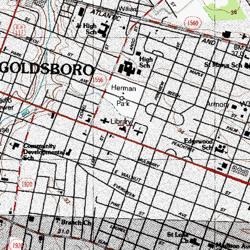 Topographic Map of Wayne County Public Library - Main Branch, NC
