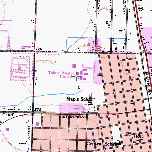 Topographic Map of Tulare Western High School, CA