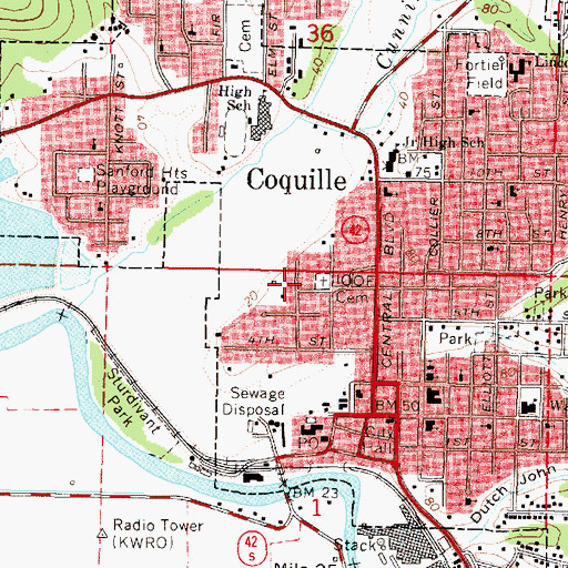Topographic Map of Emmanuel Baptist Church of Coquille Oregon, OR