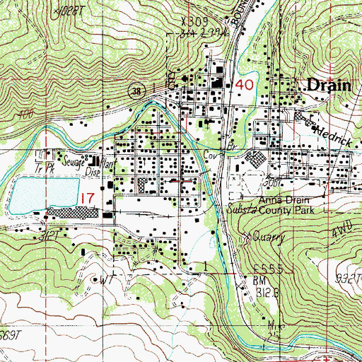 Topographic Map of First Baptist Church of Drain, OR