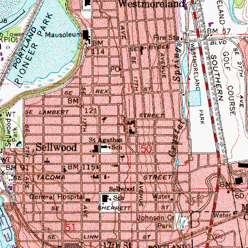 Topographic Map of Portland Moreland Church of the Nazarene, OR