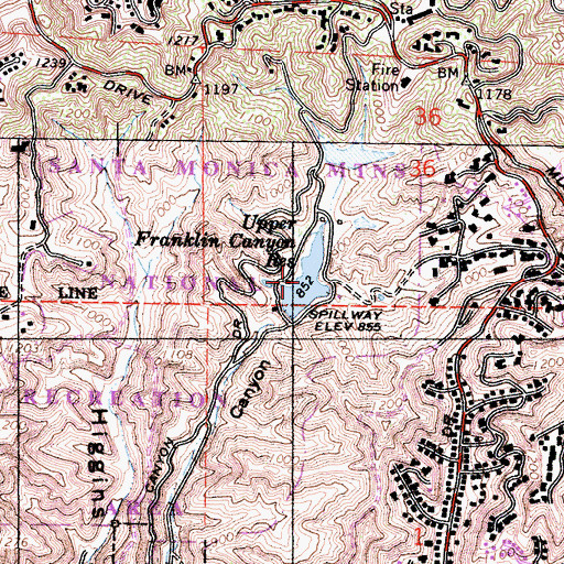 Topographic Map of Upper Franklin Canyon Reservoir, CA