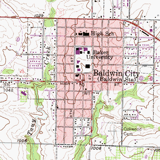 Topographic Map of Baldwin City Post Office, KS