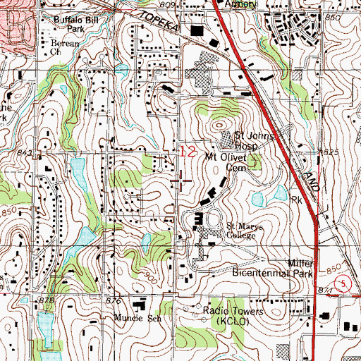 Topographic Map of University of Saint Mary - Leavenworth Campus McGilley Field House, KS
