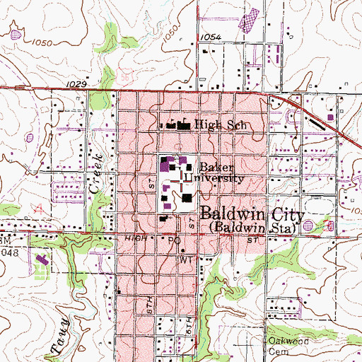 Topographic Map of Baker University - Clarience L Osbourne Memorial Chapel, KS