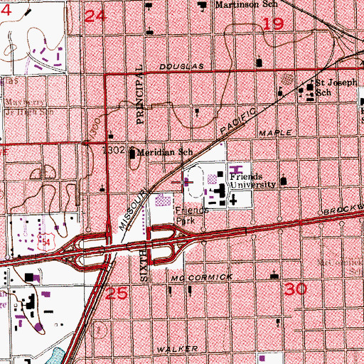 Topographic Map of Friend's University Witchita Campus Adair - Austin Stadium, KS