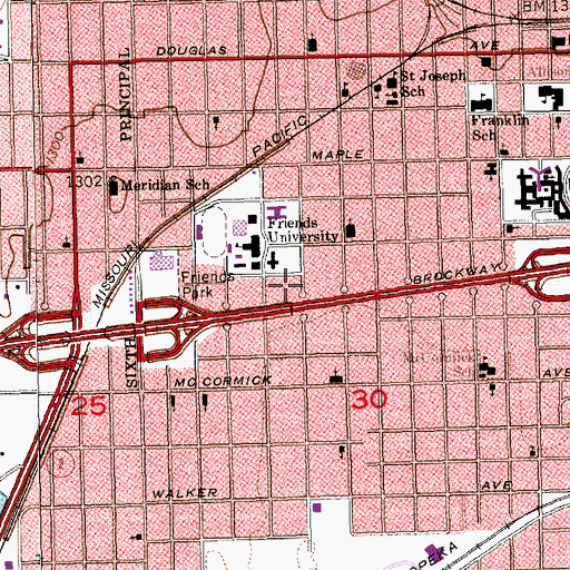 Topographic Map of Friend's University - Wichita Campus Center on Family Living, KS