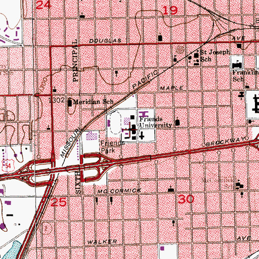 Topographic Map of Friend's University - Wichita Campus Davis Administration Building, KS