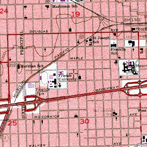 Topographic Map of Friend's University - Witchita Campus Falcon Glenn Apartments, KS
