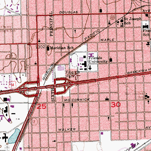 Topographic Map of Friend's University - Witchita Campus Green Residence Hall, KS