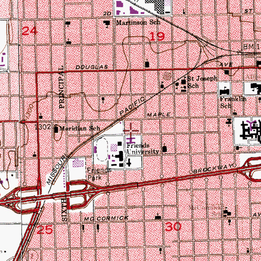 Topographic Map of Friend's University - Wichita Campus Olive White Garvey Business and Technology Building, KS