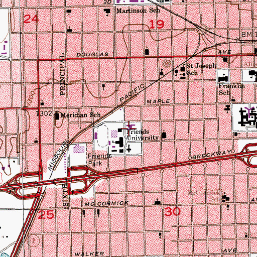 Topographic Map of Friend's University - Witchita Campus Riney Fine Arts Center and Sebits Fine Arts Addition, KS