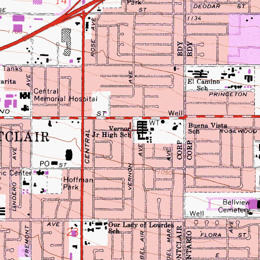 Topographic Map of Vernon Middle School, CA