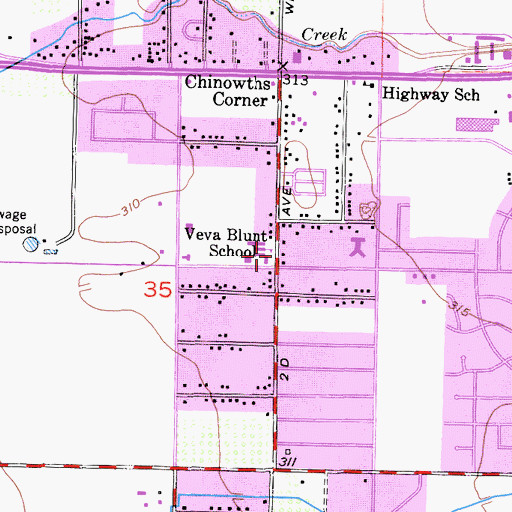 Topographic Map of Veva Blunt Elementary School, CA