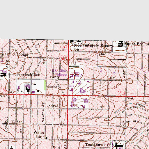 Topographic Map of Kansas City College and Bible School - Coewn Memorial Auditorium, KS