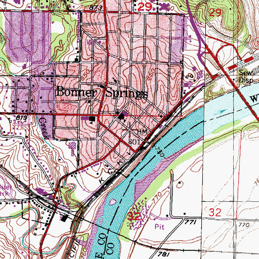 Topographic Map of Bonner Springs Post Office, KS