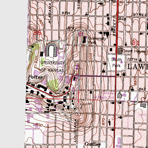 Topographic Map of University of Kansas - Lawrence Campus Adams Alumni Center, KS