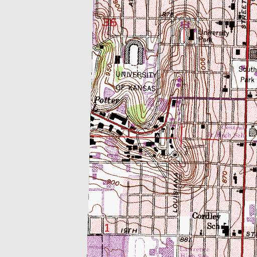 Topographic Map of University of Kansas - Lawrence Campus Bailey Hall, KS