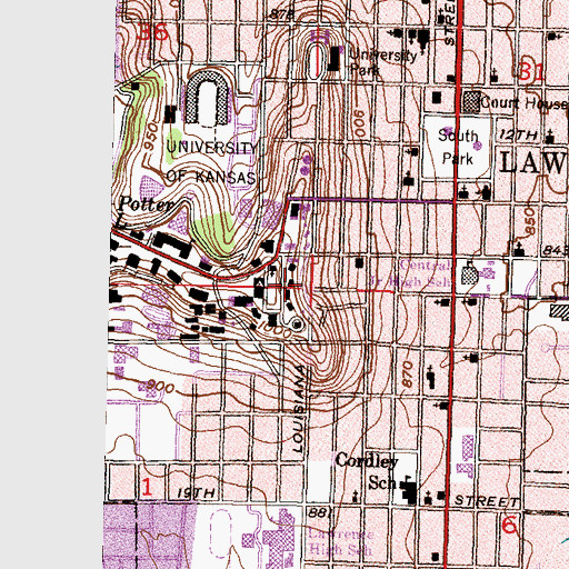 Topographic Map of University of Kansas - Lawrence Campus Battenfeld Scholarship Hall, KS
