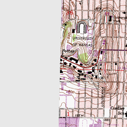 Topographic Map of University of Kansas - Lawrence Campus Budig Hall, KS