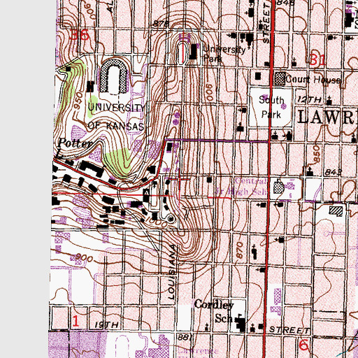 Topographic Map of University of Kansas - Lawrence Campus Crawford Community Center, KS