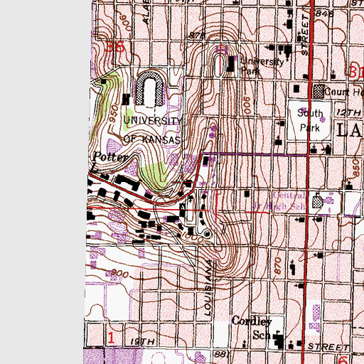 Topographic Map of University of Kansas - Lawrence Campus Dyche Hall Natural History Museum, KS
