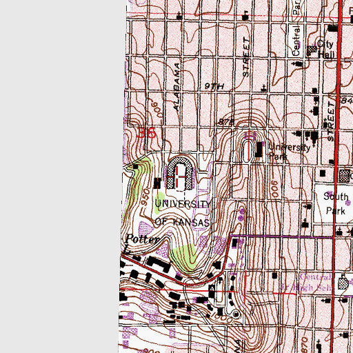 Topographic Map of University of Kansas - Lawrence Campus Stadium Memorial Kivisto Field, KS