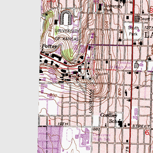 Topographic Map of University of Kansas - Lawrence Campus Twente Hall, KS