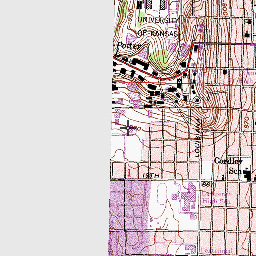 Topographic Map of University of Kansas - Lawrence Campus Watkins Memorial Health Center, KS
