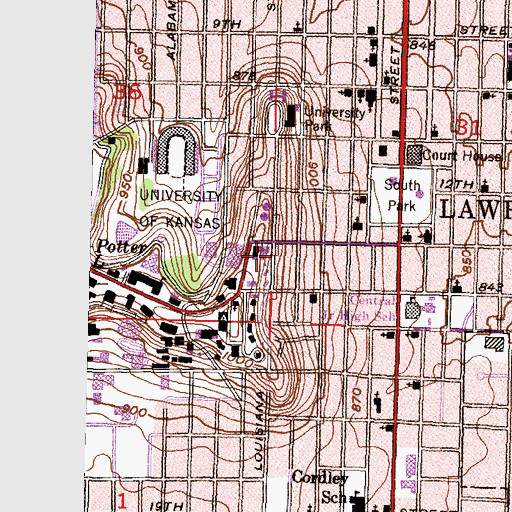 Topographic Map of University of Kansas - Lawrence Campus Wesley Building University Relations, KS