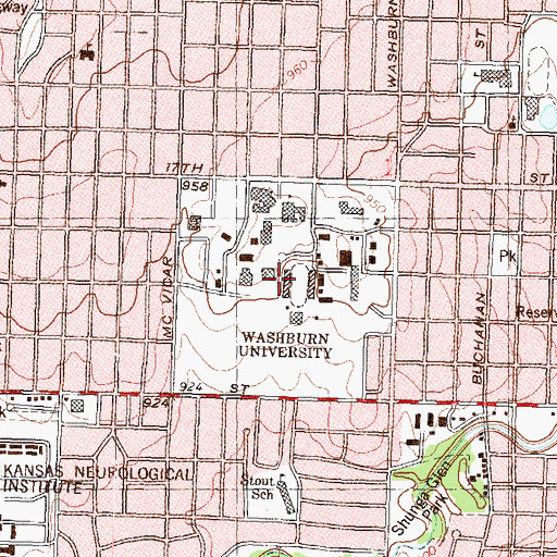 Topographic Map of Washburn University - Bianchino Pavilion, KS
