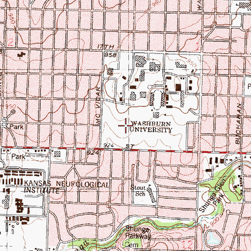 Topographic Map of Washburn University - Falley Field, KS