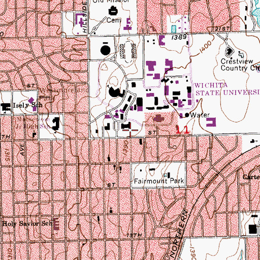 Topographic Map of Wichita State University - Sheldon Coleman Tennis Complex, KS