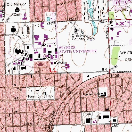 Topographic Map of Wichita State University - Wheatshocker Apartments, KS