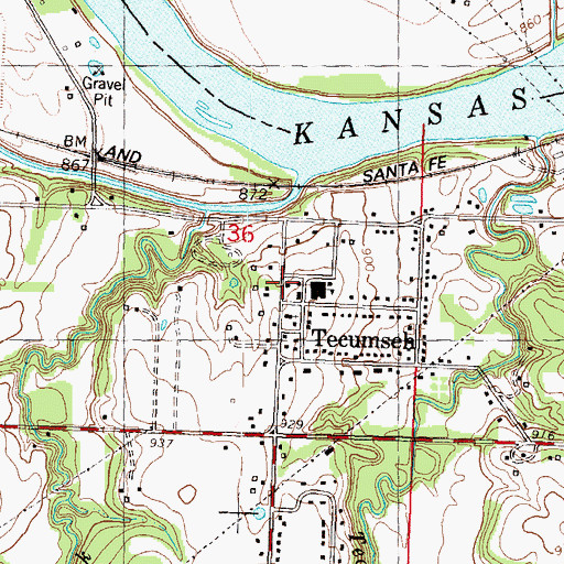 Topographic Map of Tecumseh Post Office, KS