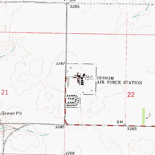 Topographic Map of Opheim Air Force Station, MT