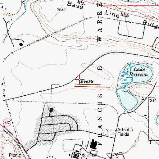 Topographic Map of F E Warren Air Force Base, WY