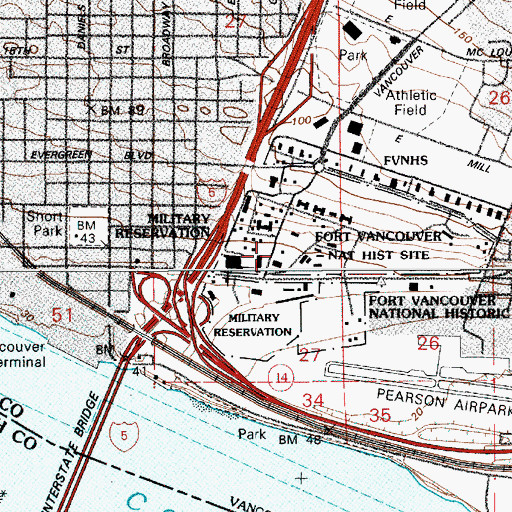 Topographic Map of Vancouver Barracks, WA