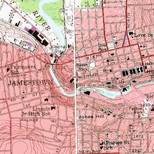 Topographic Map of Jamestown Business College, NY