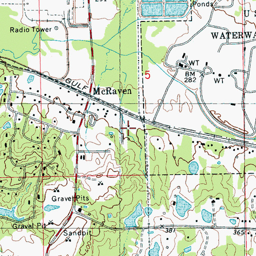 Topographic Map of Shady Springs Mobile Home Community, MS