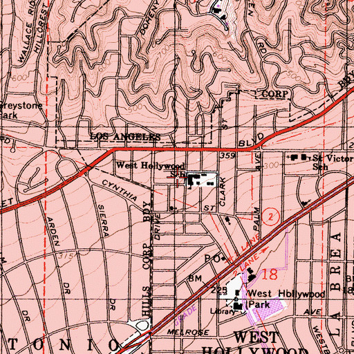 Topographic Map of West Hollywood Elementary School, CA