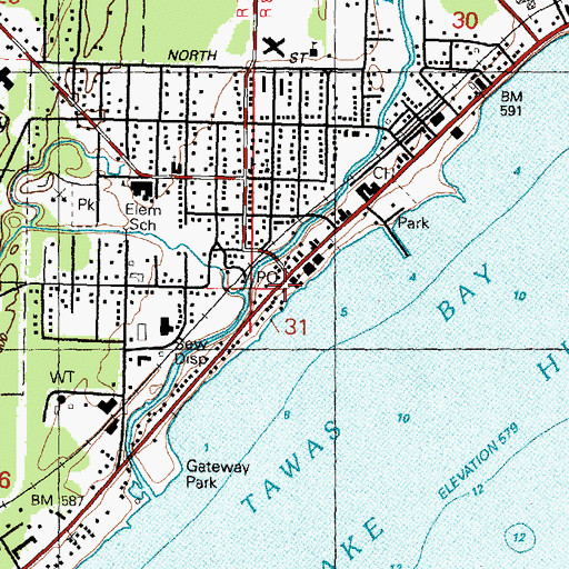 Topographic Map of Tawas City Post Office, MI