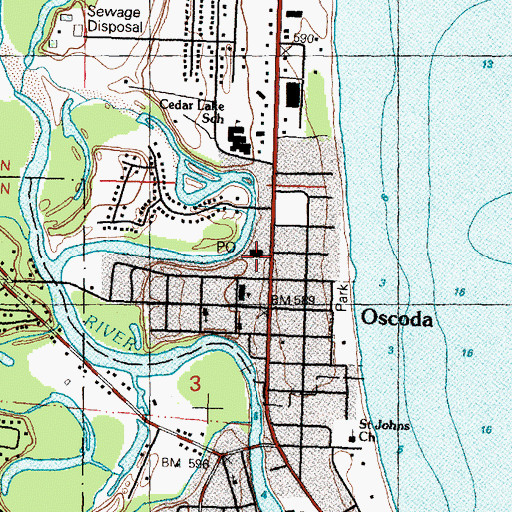 Topographic Map of Oscoda Post Office, MI