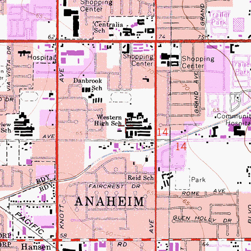 Topographic Map of Western High School, CA