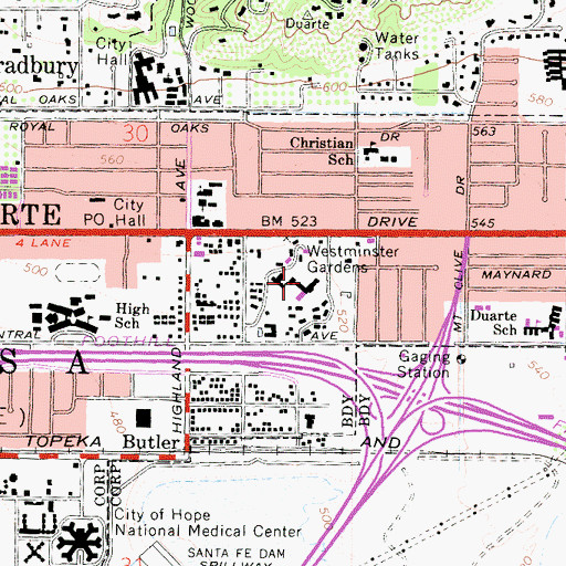 Topographic Map of Westminster Gardens, CA