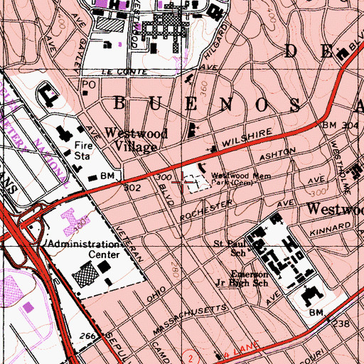 Topographic Map of Westwood Memorial Park, CA