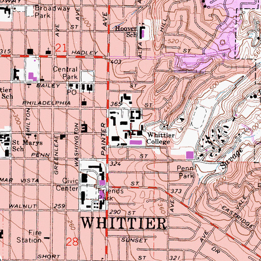 Topographic Map of Whittier College, CA