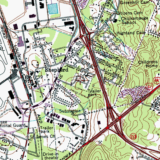 Topographic Map of Acres of Shade Mobile Home Park, TN