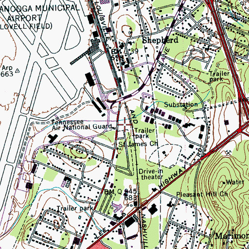 Topographic Map of Whispering Pines Mobile Home Park, TN