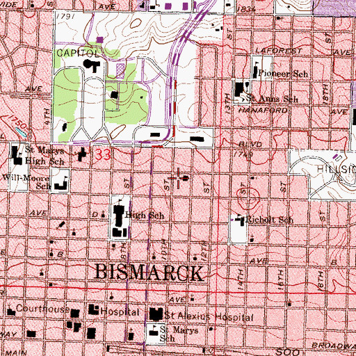 Topographic Map of First United Methodist Church, ND